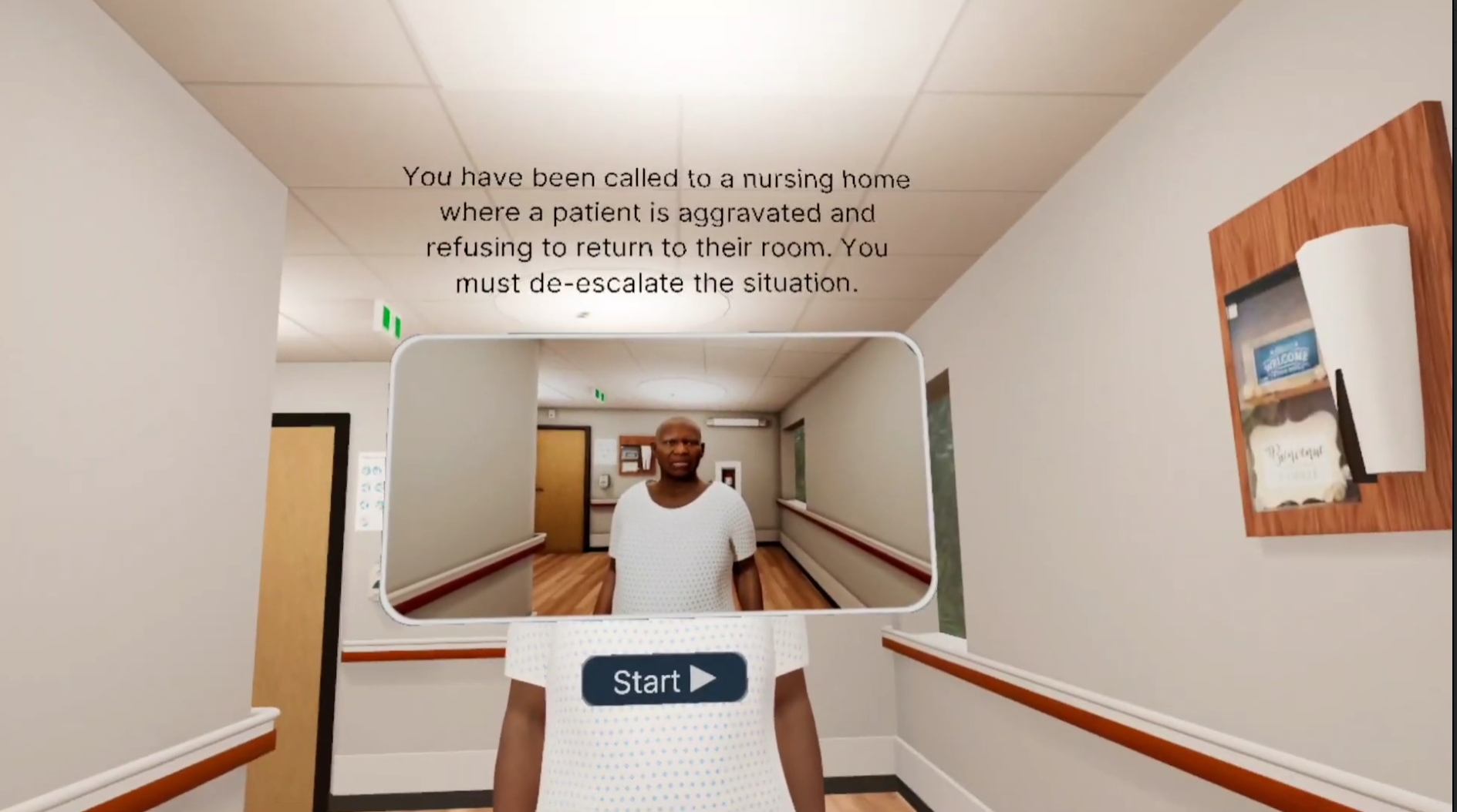 VR nursing home de-escalation simulation showing AI patient avatar in corridor with scenario prompt